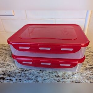 Lock N Lock Set of 2 Rectangular Storage Containers 8" x 11" Red Lid NEW